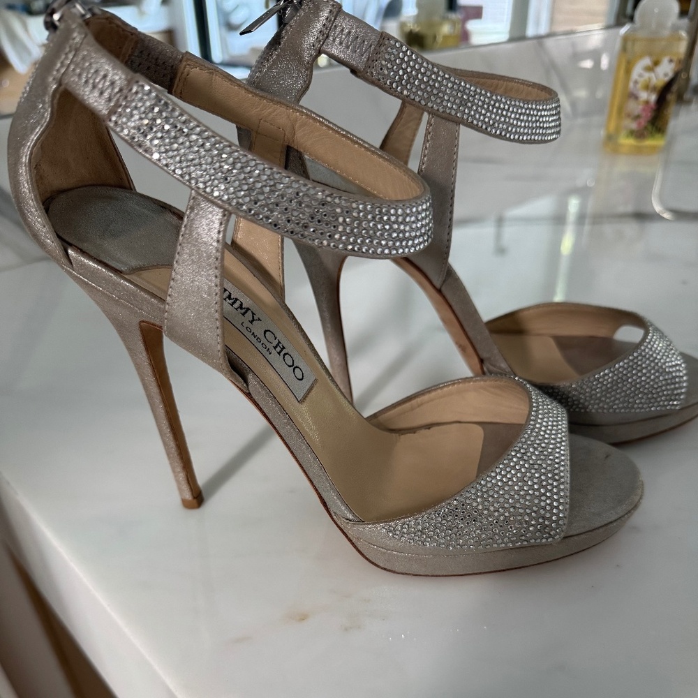 Jimmy Choo crystal and powder silver metallic heel 9.5